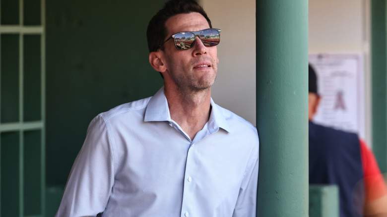 Craig Breslow the chief baseball officer of the Boston Red Sox in the dugout before the game