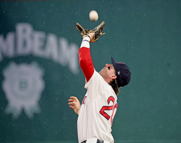 Boston, MA - September 9 - Boston Red Sox second baseman Nick Sogard (20) catches a pop out during the second inning at Fenway Park. (Photo By Matt Stone/Boston Herald).