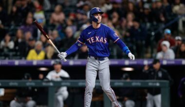 May 10, 2024; Denver, Colorado, USA; Texas Rangers outfielder Evan Carter (32) after striking out in the eighth inning against the Colorado Rockies at Coors Field. Mandatory Credit: Isaiah J. Downing-USA TODAY Sports