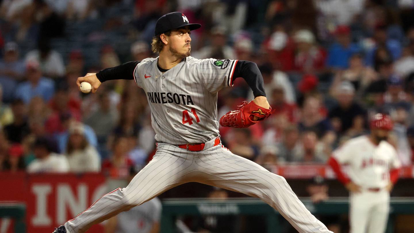 Sep 19, 2026; Anaheim, California, USA;  Minnesota Twins pitcher Joe Ryan (41) pitches during the second inning against the Los Angeles Angels at Angel Stadium. Mandatory Credit: Kiyoshi Mio-Imagn Images