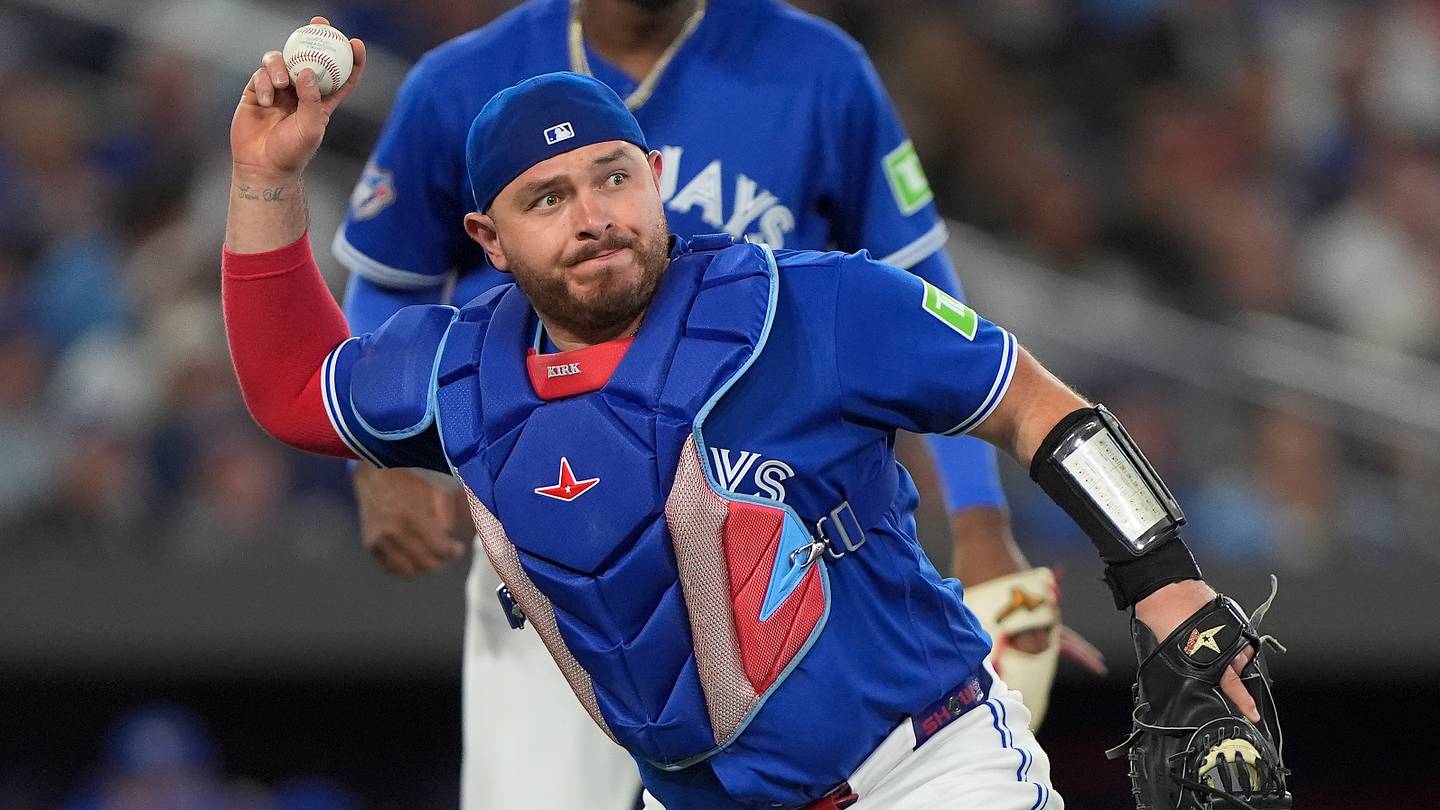 Sep 14, 2026; Toronto, Ontario, CAN;  Toronto Blue Jays catcher Alejandro Kirk (30) goes to throw out Detroit Tigers shortstop Kevin McGonigle (not pictured) at first base during the sixth inning at Rogers Centre.  Mandatory Credit: John E. Sokolowski-Imagn Images