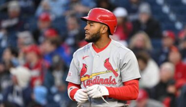 Apr 7, 2026; Washington, District of Columbia, USA; St. Louis Cardinals center fielder Victor Scott II (11) takes his batting gloves off after striking out against the Washington Nationals during the second inning at Nationals Park. Mandatory Credit: Rafael Suanes-Imagn Images
