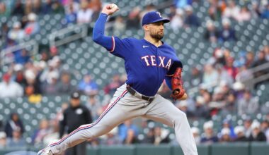 Sep 26, 2026; Minneapolis, Minnesota, USA; Texas Rangers starting pitcher Nathan Eovaldi (17) delivers a pitch during the first inning against the Minnesota Twins at Target Field. Mandatory Credit: Matt Krohn-Imagn Images
