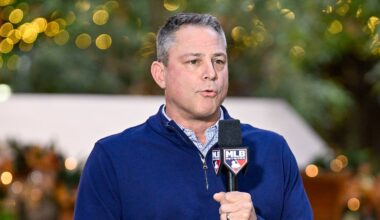 Dec 9, 2024; Dallas, TX, USA; Kansas City Royals general manager J.J. Picollo is interviewed at the Hilton Anatole during the 2024 MLB Winter Meetings. Mandatory Credit: Jerome Miron-Imagn Images
