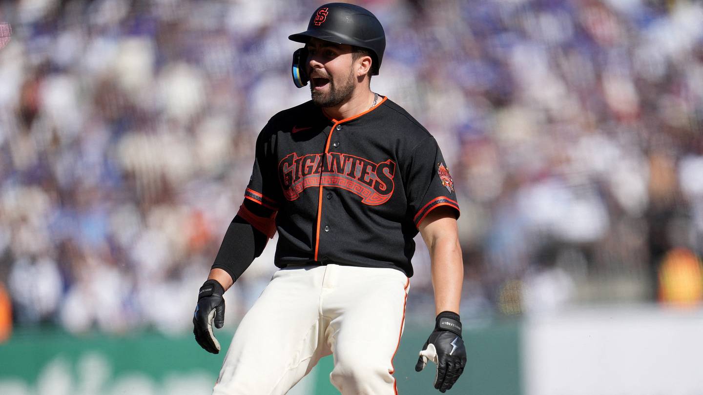 Sep 26, 2026; San Francisco, California, USA;  San Francisco Giants catcher Drew Cavanaugh (61) reacts after hitting an RBI triple against the Los Angeles Dodgers in the seventh inning at Oracle Park.  Mandatory Credit: Cary Edmondson-Imagn Images