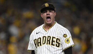 Sep 30, 2026; San Diego, California, USA;  San Diego Padres pitcher Adrian Morejon (50) reacts in the end of the eighth inning against the Chicago Cubs during game two of the Wildcard round for the 2026 MLB Playoffs at Petco Park.  Mandatory Credit: Denis Poroy-Imagn Images
