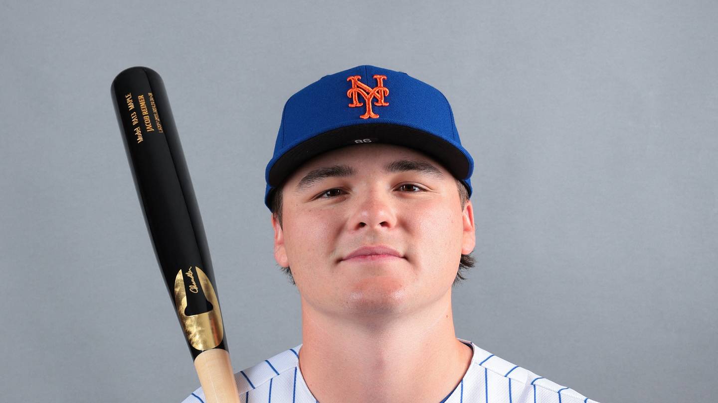 Feb 19, 2026; Port St. Lucie, FL, USA; New York Mets infielder Jacob Reimer (98) poses for a photo during media day at Clover Park. Mandatory Credit: Sam Navarro-Imagn Images