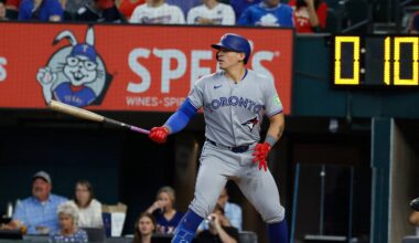 Sep 20, 2026; Arlington, Texas, USA;  Toronto Blue Jays catcher Brandon Valenzuela bats during the second inning against the Texas Rangers at Globe Life Field.  Mandatory Credit: Chris Jones-Imagn Images