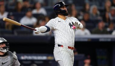 Sep 30, 2026; Bronx, New York, USA;  New York Yankees first baseman Luis Garcia Jr. (26)  hits a solo home run in the fourth inning against the Boston Red Sox during game two of the Wildcard round for the 2026 MLB Playoffs at Yankee Stadium.  Mandatory Credit: Vincent Carchietta-Imagn Images