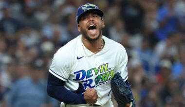 Oct 13, 2026; St. Petersburg, Florida, USA;  Tampa Bay Rays pitcher Freddy Peralta (51) reacts after pitching against the Cleveland Guardians during the sixth inning in game two of the ALCS for the 2026 MLB Playoffs at Tropicana Field.  Mandatory Credit: Kim Klement Neitzel-Imagn Images