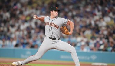 Sep 18, 2026; Los Angeles, California, USA;  San Francisco Giants pitcher Carson Seymour (77) pitches during the seventh inning against the Los Angeles Dodgers at Dodger Stadium.  Mandatory Credit: Kirby Lee-Imagn Images