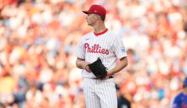 Jun 21, 2025; Philadelphia, Pennsylvania, USA; Philadelphia Phillies starting pitcher Mick Abel (40) looks on after allowing a hit against the New York Mets in the first inning at Citizens Bank Park. Mandatory Credit: Kyle Ross-Imagn Images