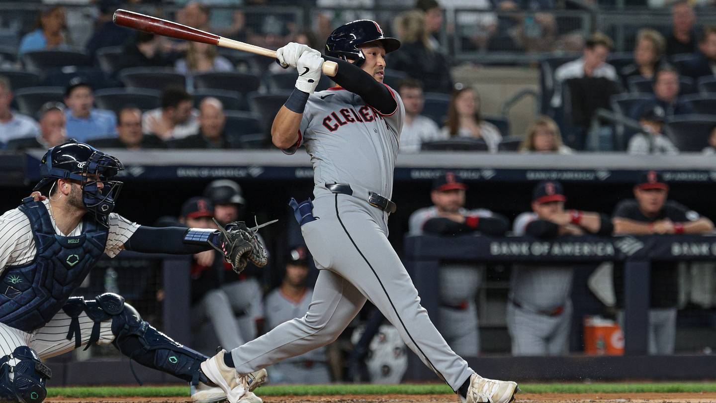 Jun 2, 2026; Bronx, New York, USA; Cleveland Guardians left fielder Steven Kwan (38) single during the fifth inning against the New York Yankees at Yankee Stadium. Mandatory Credit: Vincent Carchietta-Imagn Images