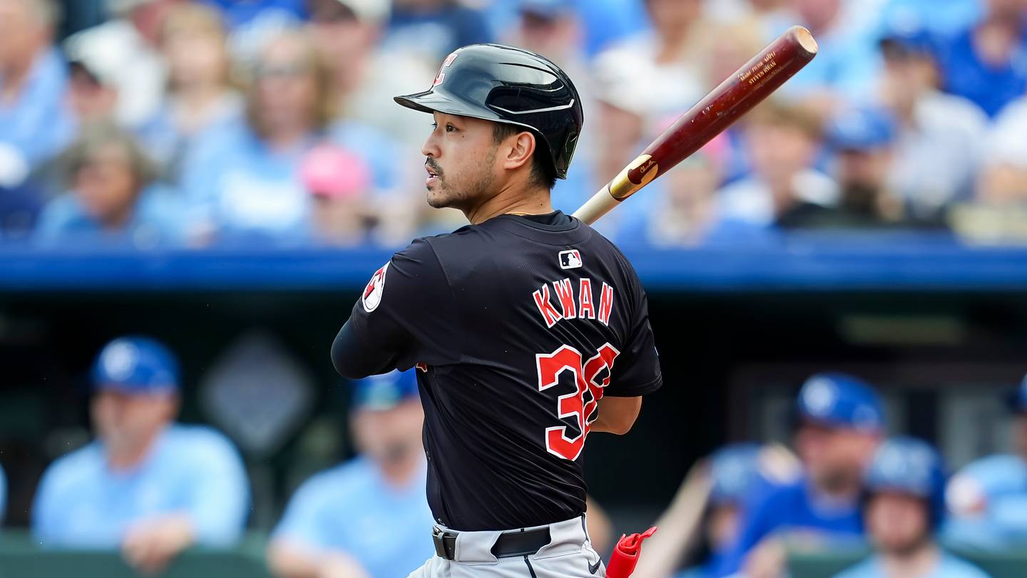 Sep 2, 2024; Kansas City, Missouri, USA; Cleveland Guardians left fielder Steven Kwan (38) bats during the seventh inning against the Kansas City Royals at Kauffman Stadium. Mandatory Credit: Jay Biggerstaff-Imagn Images