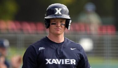 Feb 28, 2025; Stanford, CA, USA; Xavier Musketeers right fielder Clay Burdette (5) during the first inning against the Stanford Cardinal at Sunken Diamond. Mandatory Credit: Darren Yamashita-Imagn Images