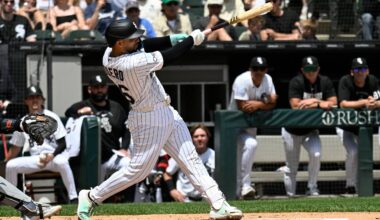 May 30, 2026; Chicago, Illinois, USA;  Chicago White Sox catcher Edgar Quero (26) hits a sacrifice fly RBI during the first inning against the Detroit Tigers at Rate Field. Mandatory Credit: Matt Marton-Imagn Images