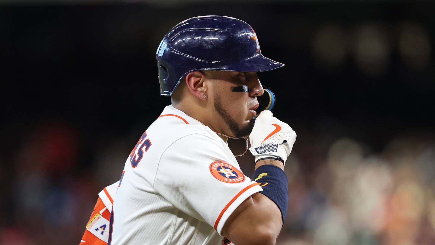 Sep 19, 2026; Houston, Texas, USA; Houston Astros third baseman Isaac Paredes (15) reacts after hitting a home run against the Atlanta Braves in the first inning at Daikin Park. Mandatory Credit: Thomas Shea-Imagn Images