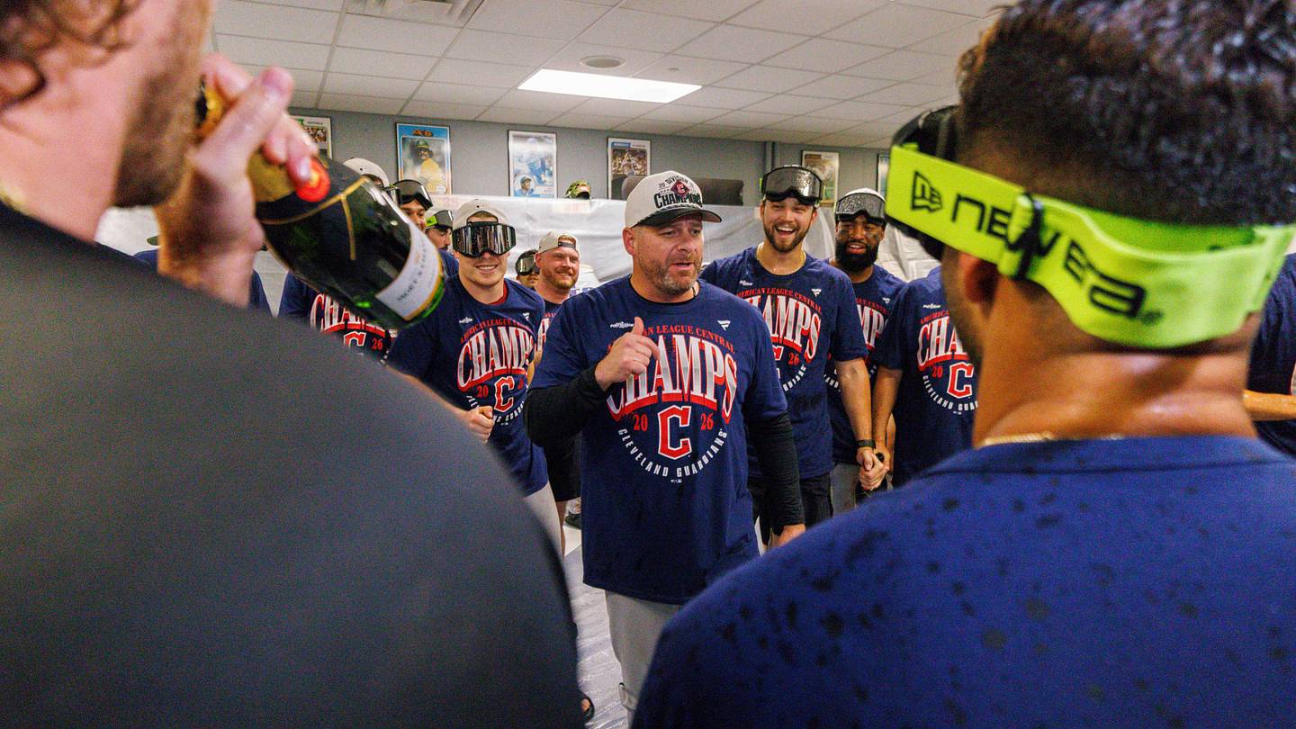 Sep 25, 2026: Cleveland Guardians manager Stephen Vogt speaks to the team after clinching the AL central division championship at Kauffman Stadium. Credit: William Purnell-Imagn Images