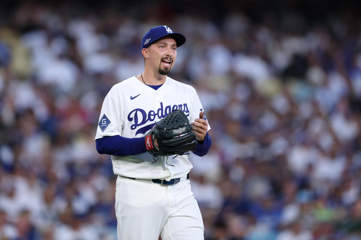 Dodgers starting pitcher Blake Snell reacts during the fourth inning of Game 2 of the NLDS on Sunday.