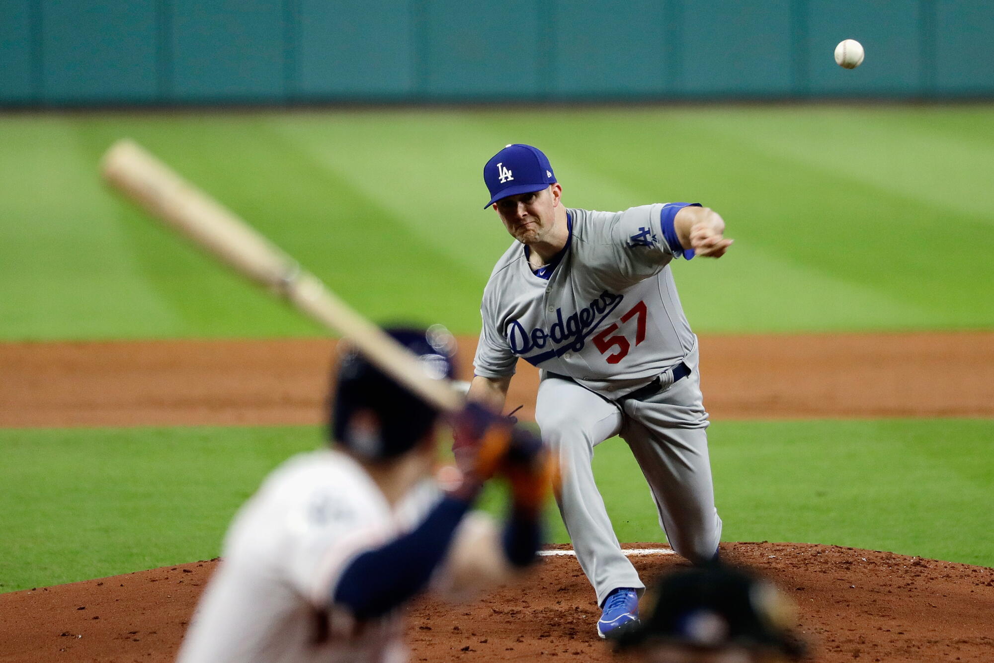 Dodgers pitcher Alex Wood delivers from the mound during Game 4 of the 2017 World Series against the Astros in Houston.