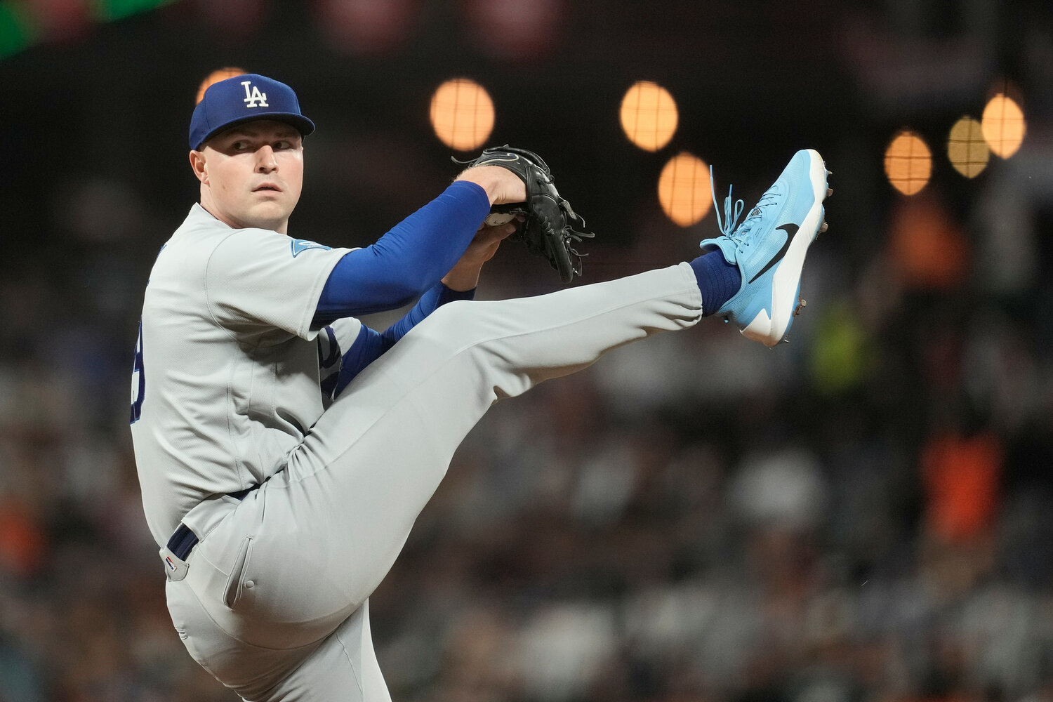 Los Angeles Dodgers pitcher Tarik Skubal throws against the San Francisco Giants during the first inning of a baseball game, Friday, Sept. 25, 2026, in San Francisco. (AP Photo/Jeff Chiu)