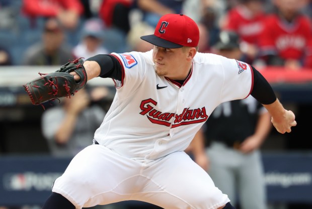 Guardians starting pitcher Parker Messick throws against the White Sox in Game 1 of an AL Division Series on Saturday, Oct. 3, in Cleveland. (John J. Kim/Chicago Tribune)