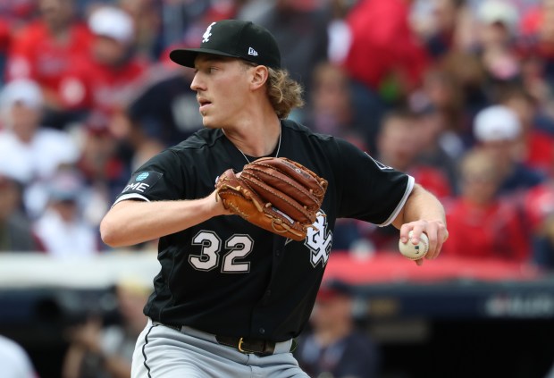 White Sox starter Hagen Smith delivers against the Guardians in the first inning in Game 1 of the AL Division Series on Saturday, Oct. 3, in Cleveland. (John J. Kim/Chicago Tribune)