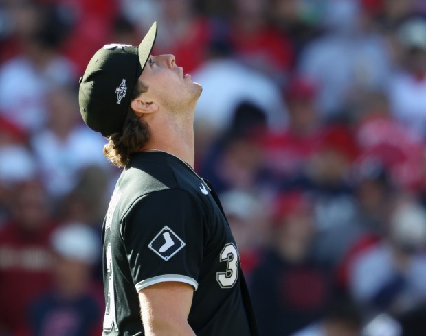 White Sox pitcher Grant Taylor looks skyward before facing his final Guardians batter in the ninth inning in Game 1 of the AL Division Series on Oct. 3 in Cleveland. (John J. Kim/Chicago Tribune)