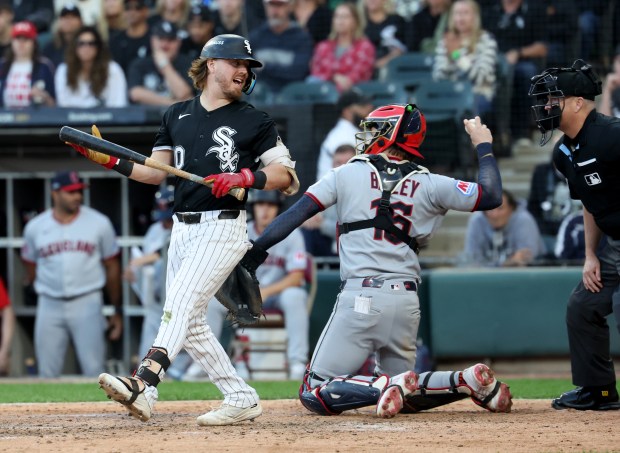 White Sox second baseman Chase Meidroth strikes out to end the seventh inning against the Guardians in Game 3 of their AL Division Series on Oct. 7, 2026, at Rate Field in Chicago. (Chris Sweda/Chicago Tribune)