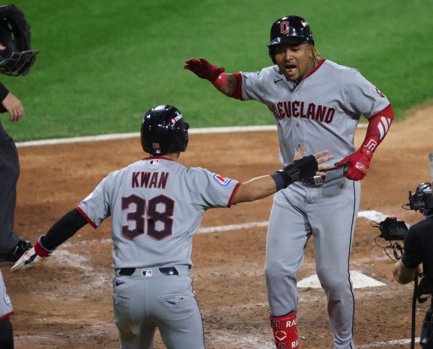 Guardians third baseman José Ramírez celebrates his two-run home run in the fifth inning against the White Sox in Game 4 of their AL Division Series on Oct. 8, 2026, at Rate Field. (Brian Cassella/Chicago Tribune)