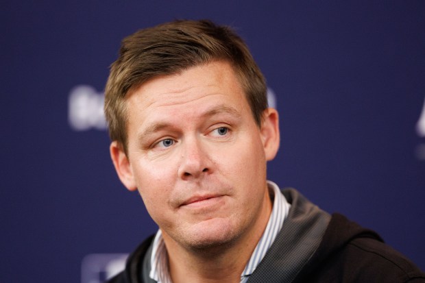 Sox general manager Chris Getz talks with members of the press before a workout at Rate Field on Tuesday, Oct. 6, 2026, in Chicago. The White Sox face the Guardians in Game 3 of the ALDS on Wednesday. (Armando L. Sanchez/Chicago Tribune)