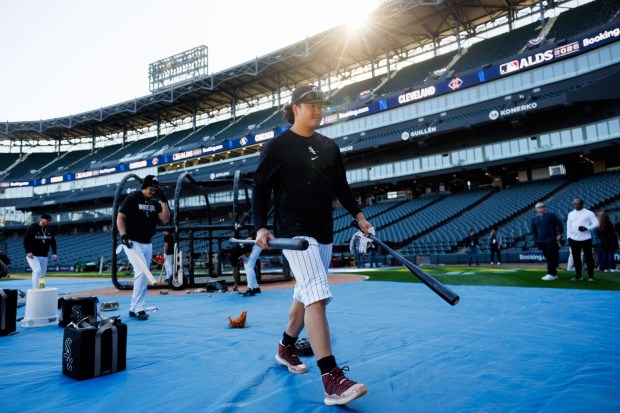 White Sox first baseman Munetaka Murakami walks on the field during a workout at Rate Field on Tuesday, Oct. 6, 2026 in Chicago. The White Sox face the Guardians in Game 3 of the ALDS Wednesday. (Armando L. Sanchez/Chicago Tribune)