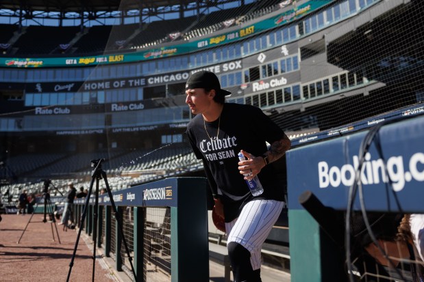 White Sox pitcher Davis Martin walks on the field during a workout at Rate Field on Tuesday, Oct. 6, 2026, in Chicago. The White Sox face the Guardians in Game 3 of the ALDS on Wednesday. (Armando L. Sanchez/Chicago Tribune)