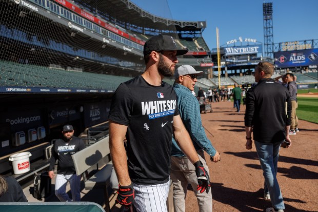White Sox center fielder Tristan Peters walks on the field during a workout at Rate Field on Tuesday, Oct. 6, 2026, in Chicago. The White Sox face the Guardians in Game 3 of the ALDS on Wednesday. (Armando L. Sanchez/Chicago Tribune)