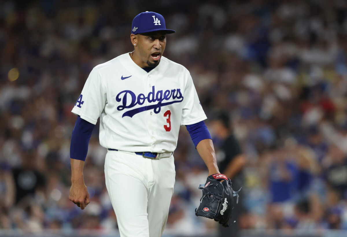 Oct 4, 2026; Los Angeles, California, USA;  Los Angeles Dodgers pitcher Edwin Diaz (3) reacts after the sixth inning against the Atlanta Braves in game two of the NLDS for the 2026 MLB Playoffs at Uniqlo Field at Dodger Stadium.  Mandatory Credit: Kiyoshi Mio-Imagn Images