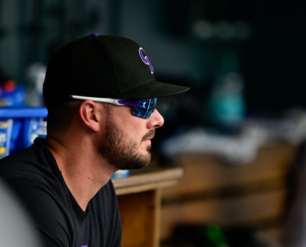 Colorado Rockies infielder/outfielder Kris Bryant watches the game against the Toronto Blue Jays at Coors Field in Denver, on Wednesday, Aug. 06, 2025. (Photo by Andy Cross/The Denver Post)
