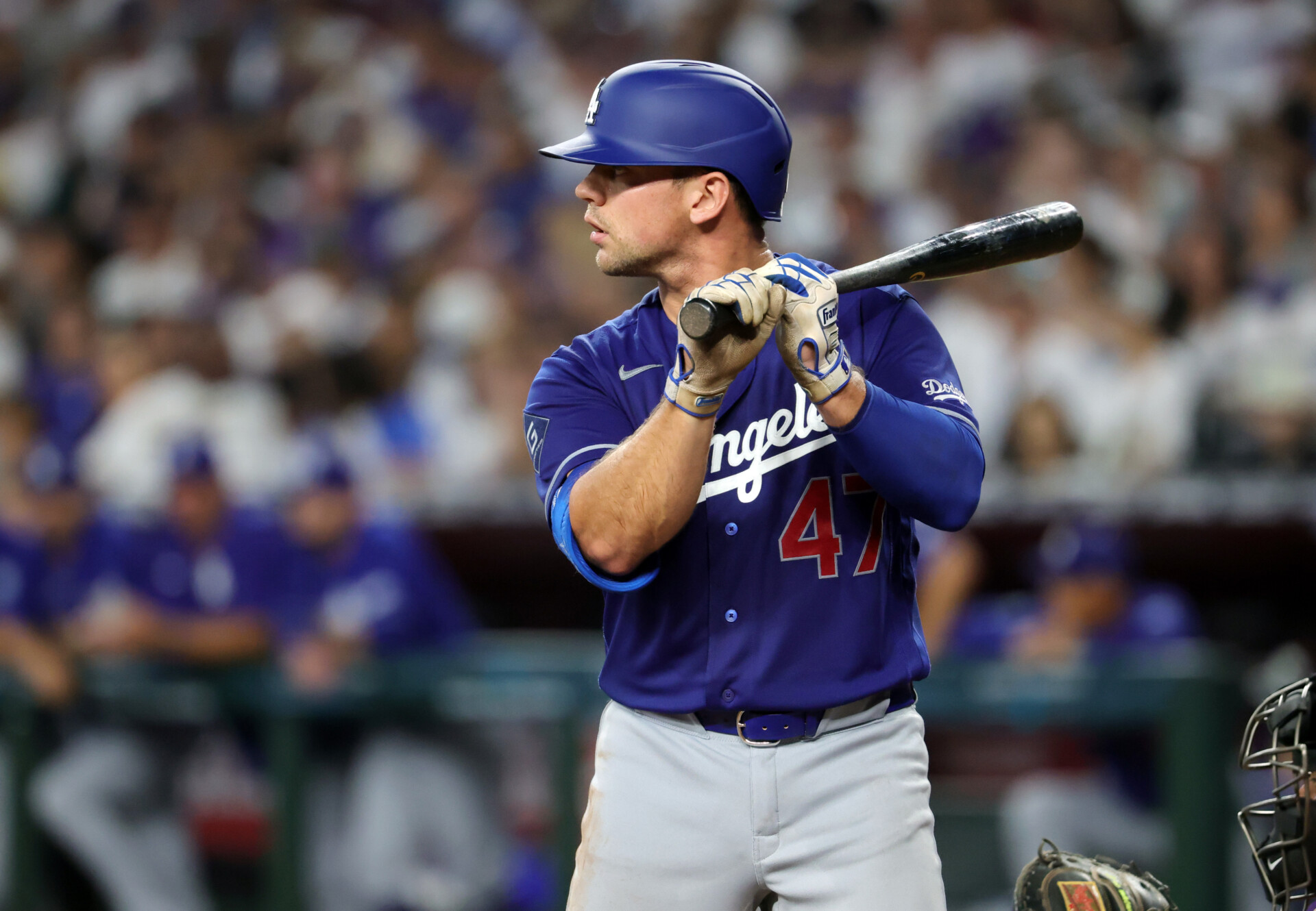 Aug 9, 2026; Phoenix, Arizona, USA; Los Angeles Dodgers catcher Ben Rortvedt against the Arizona Diamondbacks at Chase Field. Mandatory Credit: Mark J. Rebilas-Imagn Images