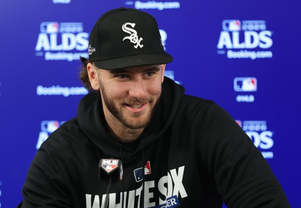 White Sox pitcher Sean Burke answers reporters' questions before a workout on Oct. 4 in Cleveland. (John J. Kim/Chicago Tribune)