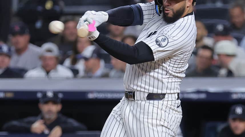 Yankees infielder Luis Garcia Jr hitting in the 2026 ALDS