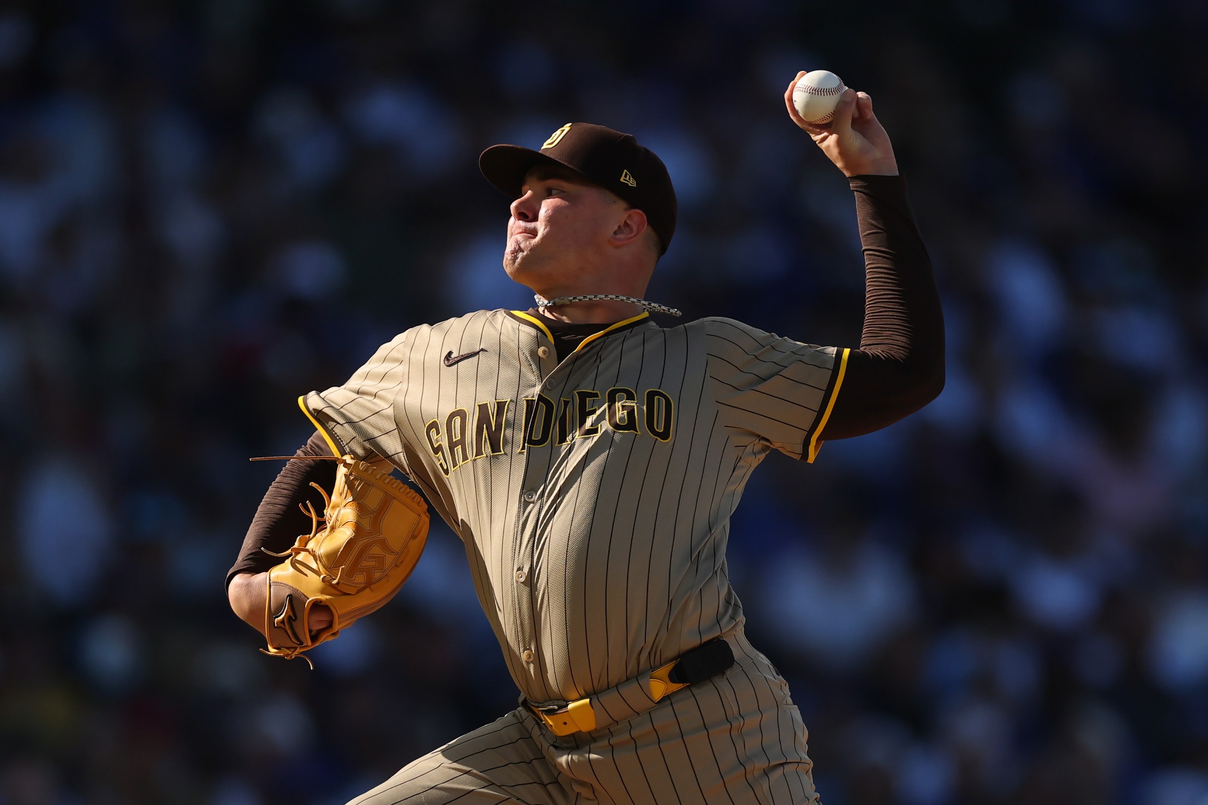CHICAGO, ILLINOIS - SEPTEMBER 30: Adrian Morejon #50 of the San Diego Padres pitches during the sixth inning of game one of the National League Wild Card Series between the San Diego Padres and the Chicago Cubs at Wrigley Field on September 30, 2025 in Chicago, Illinois. (Photo by Michael Reaves/Getty Images)