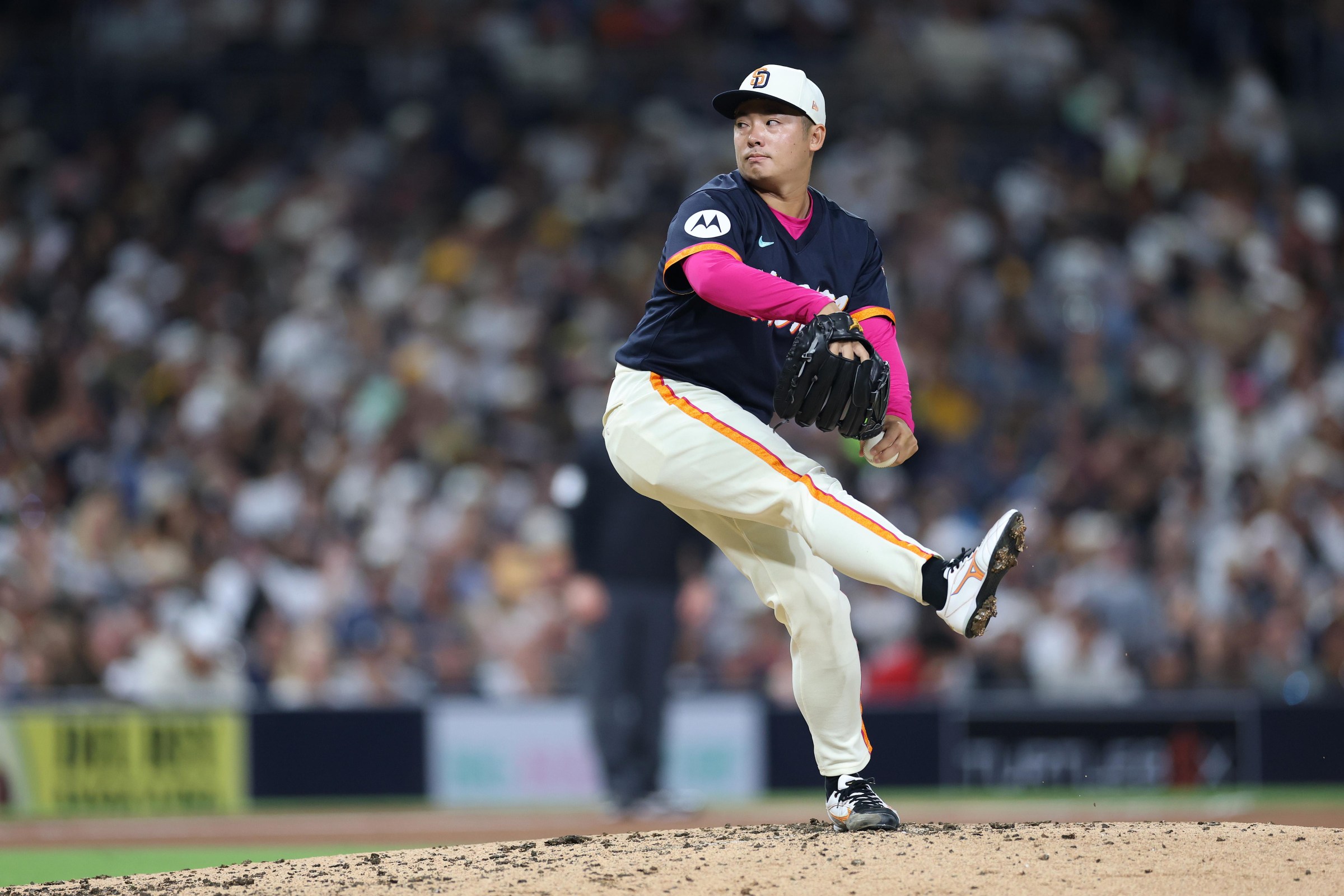 SAN DIEGO, CALIFORNIA - SEPTEMBER 04: Yuki Matsui #1 of the San Diego Padres pitches during the sixth inning of a game against the New York Yankees at Petco Park on September 04, 2026 in San Diego, California. (Photo by Sean M. Haffey/Getty Images)