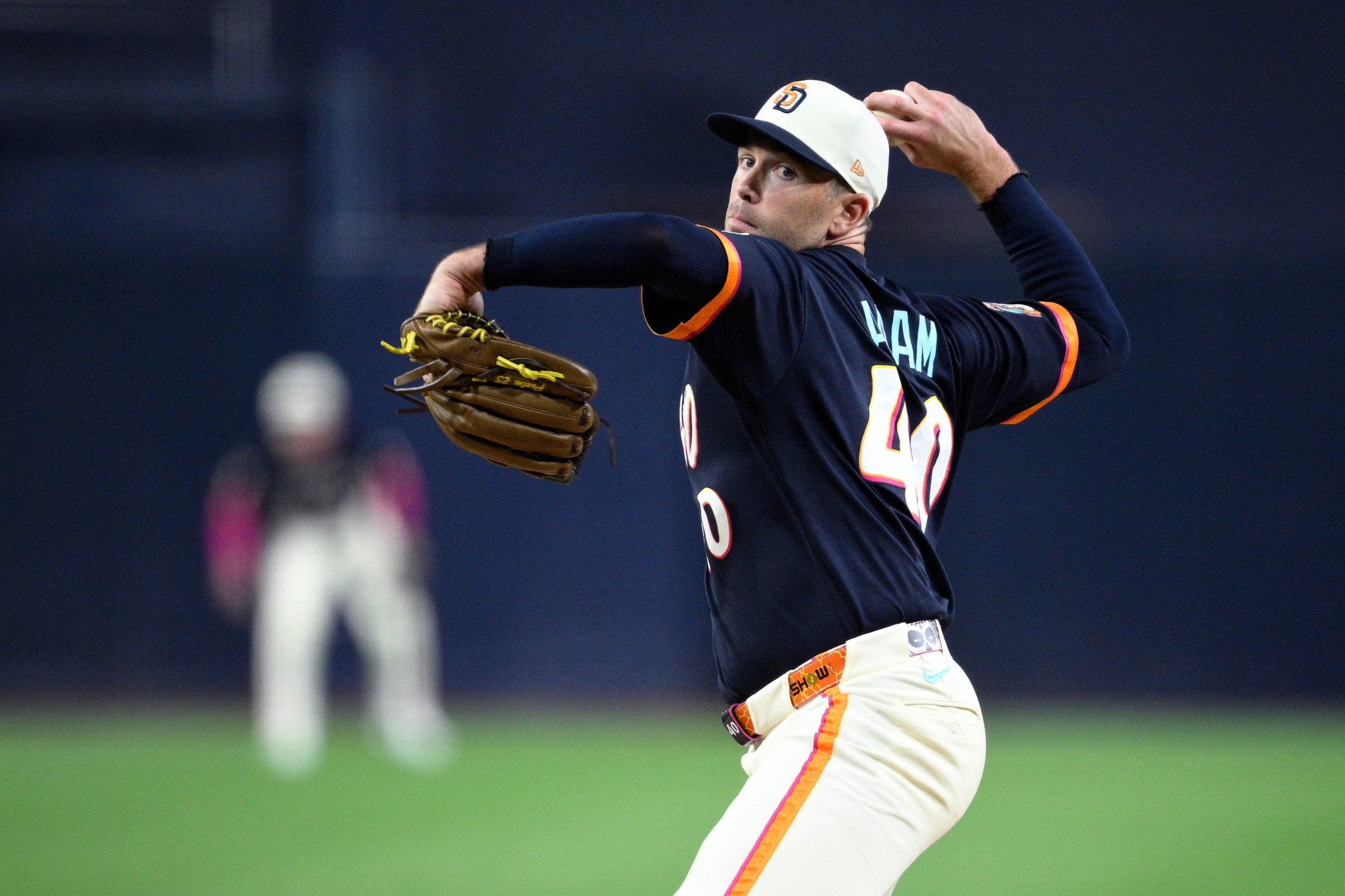 SAN DIEGO, CALIFORNIA - SEPTEMBER 25: Jason Adam #40 of the San Diego Padres pitches against the Arizona Diamondbacks during the seventh inning at Petco Park on September 25, 2026 in San Diego, California. (Photo by Orlando Ramirez/Getty Images)