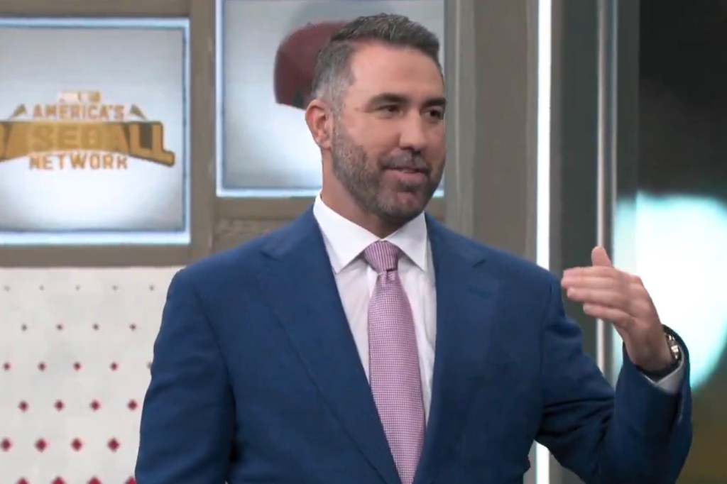 Justin Verlander talking about his retirement in a studio setting.