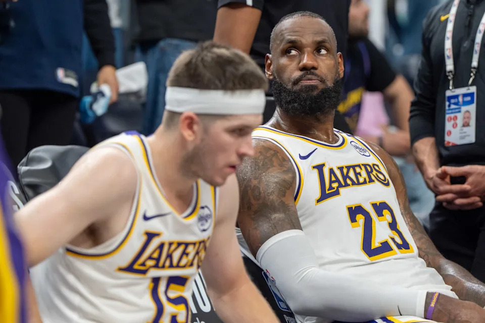 Los Angeles Lakers forward LeBron James (23) reacts to a replay that confirms he fouled Minnesota Timberwolves guard Anthony Edwards (5) in the fourth quarter during game four of first round for the 2025 NBA Playoffs at Target Center. Mandatory Credit: Matt Blewett-Imagn Images