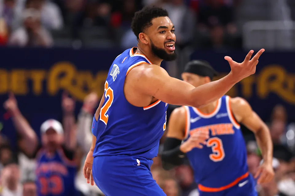 DETROIT, MICHIGAN - APRIL 24: Karl-Anthony Towns #32 of the New York Knicks reacts during the first quarter against the Detroit Pistons in Game Three of the Eastern Conference First Round NBA Playoffs at Little Caesars Arena on April 24, 2025 in Detroit, Michigan. NOTE TO USER: User expressly acknowledges and agrees that, by downloading and or using this photograph, User is consenting to the terms and conditions of the Getty Images License Agreement. (Photo by Gregory Shamus/Getty Images)