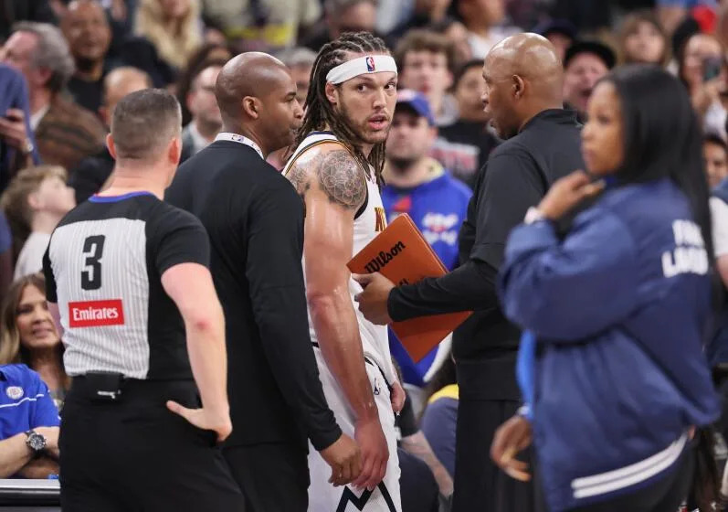 Inglewood, CA - April 26: Denver Nuggets forward Aaron Gordon (32) is called for a technical foul during the first half of the LA Clippers Denver Nuggets of game 3 of the first round playoffs at the Intuit Dome in Inglewood Saturday, April 26, 2025. (Allen J. Schaben / Los Angeles Times)