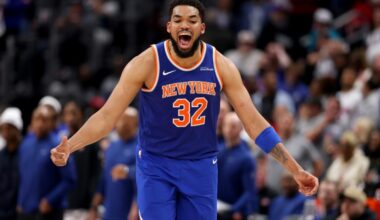 Karl-Anthony Towns of the New York Knicks reacts after a three point basket in the Knicks