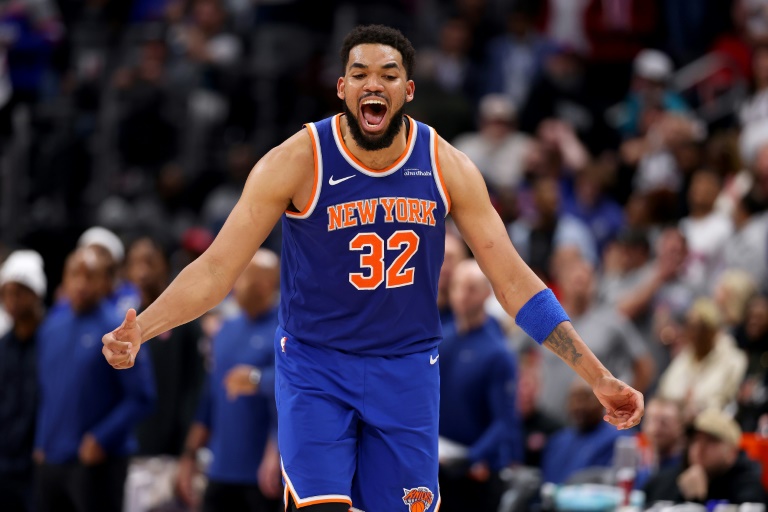 Karl-Anthony Towns of the New York Knicks reacts after a three point basket in the Knicks