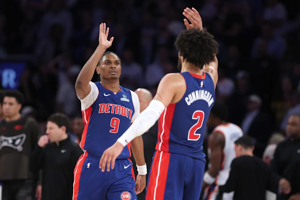 NEW YORK, NEW YORK - APRIL 29: Ausar Thompson #9 and Cade Cunningham #2 of the Detroit Pistons celebrate after a play during the second half in Game Five of the Eastern Conference First Round NBA Playoffs against the New York Knicks at Madison Square Garden on April 29, 2025 in New York City. NOTE TO USER: User expressly acknowledges and agrees that, by downloading and or using this photograph, User is consenting to the terms and conditions of the Getty Images License Agreement. (Photo by Sarah Stier/Getty Images)
