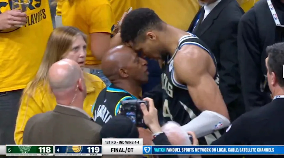 Giannis goes forehead to forehead with John Haliburton. X, @esidery